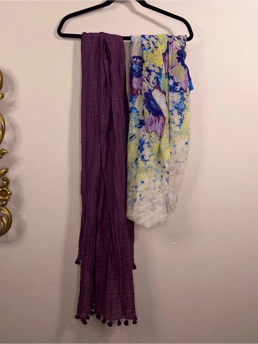Set Of 2 Scarves Purple Yellow Textured Infinity Rectangle Boho Hippie Fringe